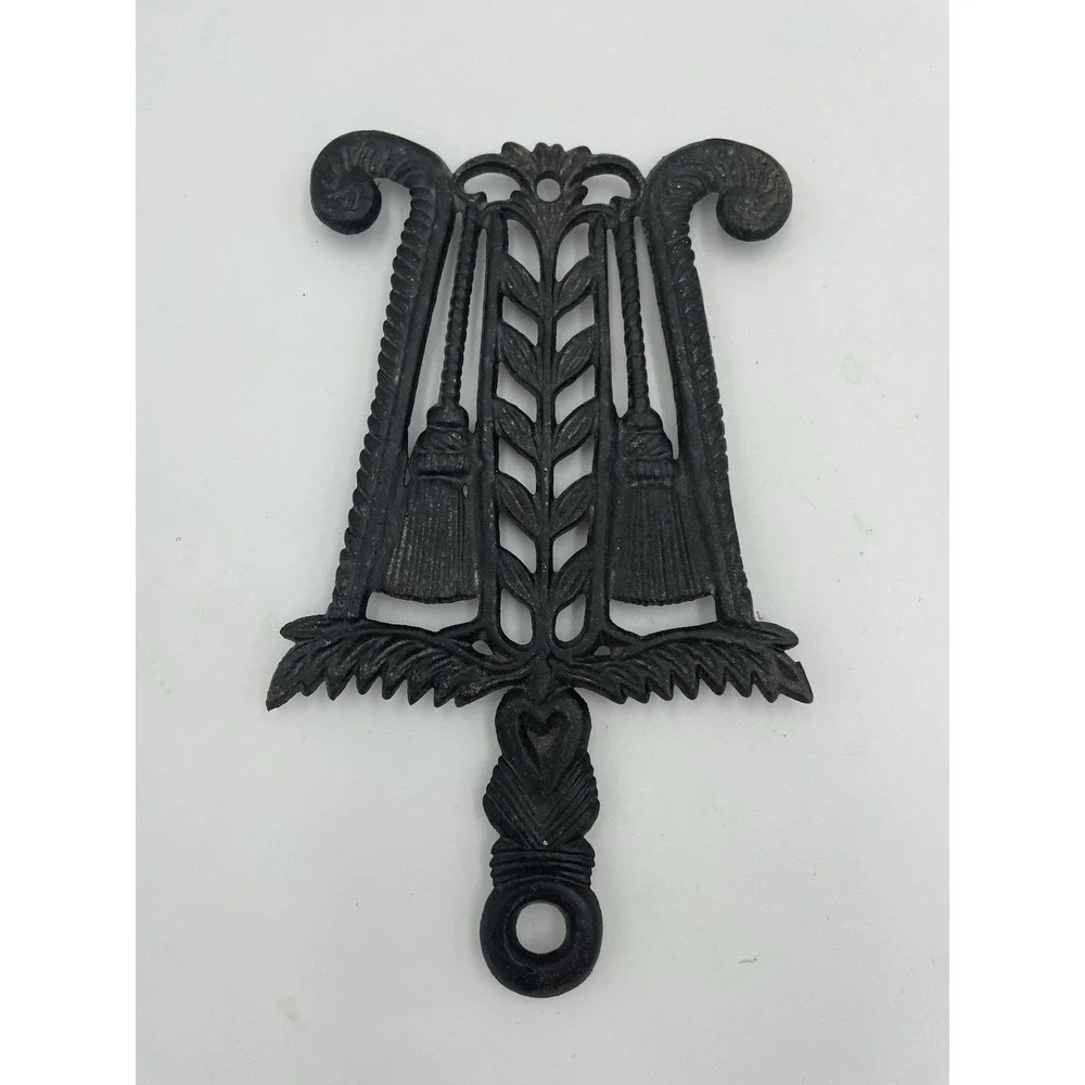 Vintage MCM  Set of 2 Black Cast Iron Trivets Wall Hangings Tree Brooms